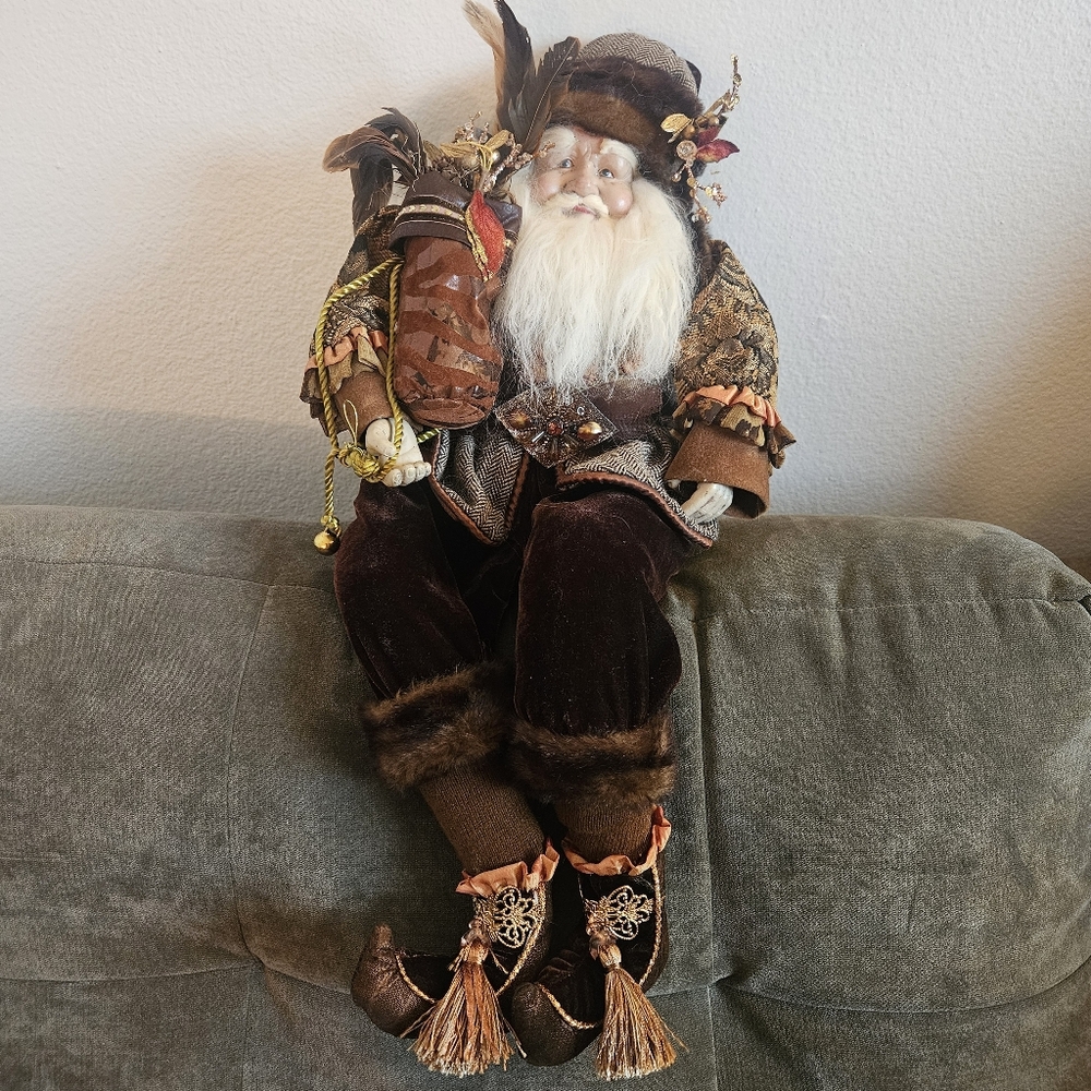 Old World Ornate Seated Large Santa Claus Brown Gold Velvet Faux Fur 24" 2009